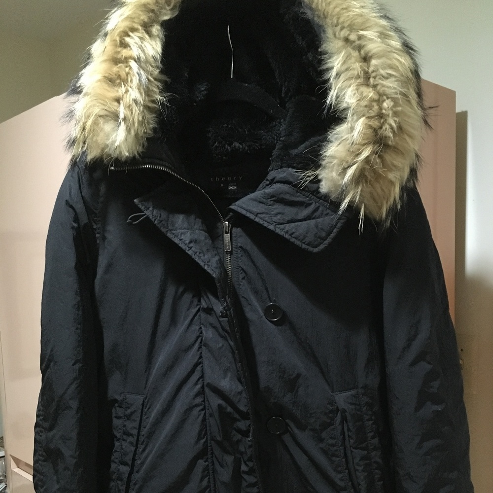 Theory fox fur hooded flat puffer jacket